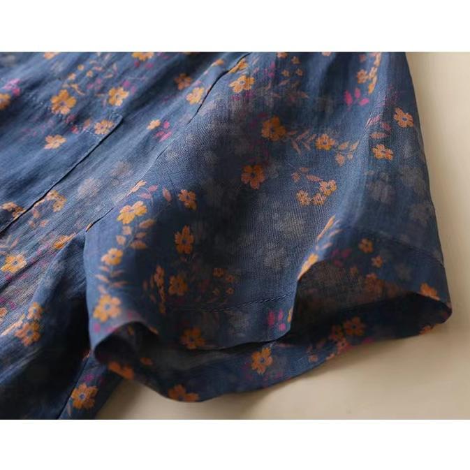 Summer Slim Stand Up Collar Cotton Linen Top for Women Blouse Floral Short Sleeve Flip Collar Artistic Shirt