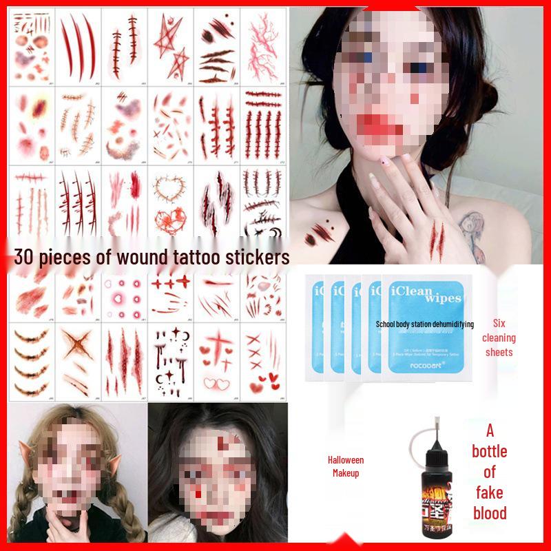 Halloween Makeup: Horror Scars, Fake Teeth, Little Tiger Teeth, and Blush Tattoo Stickers for Party Decoration