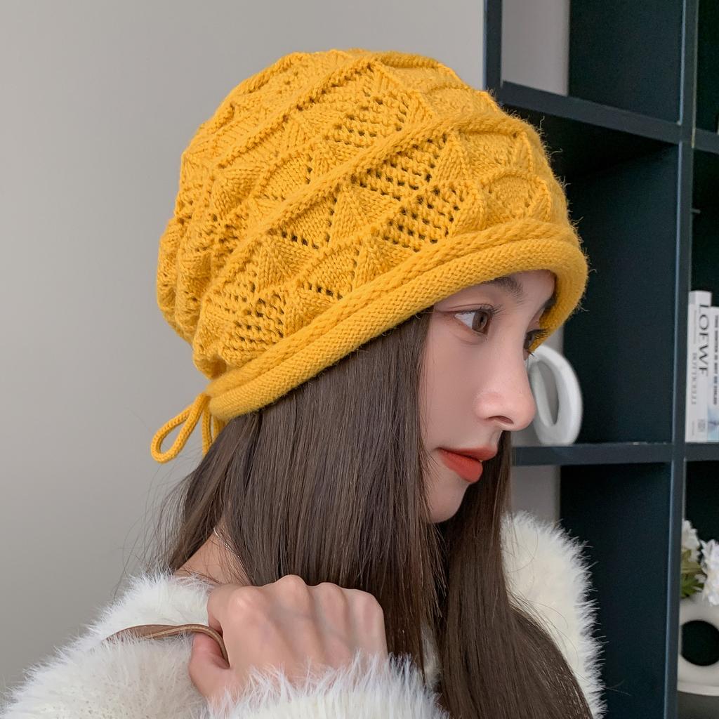 New Autumn and Winter Adjustable Lanyard Hollow Pile Knitted Hat Ear Protection Warm Fashion Fashion Headband Small Woolen Hat Showing Face