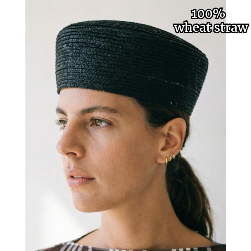 My Extreme Outdoor Activities Women's Black 100% Natural Wheat Straw Fedoras Hat Berets For French Hand Woven Shape Flat Top Beach Hat Church Derby Pillbox Hat 56-58Cm