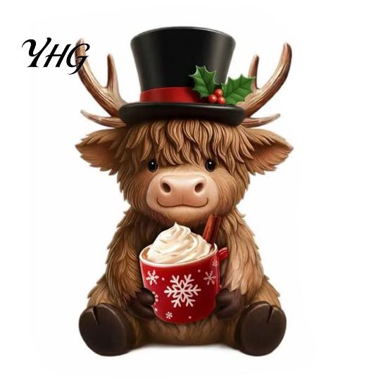 Winter Home Accents 2Pcs Christmas Highland Cow Figurines, Resin Santa Reindeer Cow, with Hat, Ornaments Hot Cocoa, Decor for Garden Tiered Tray Table