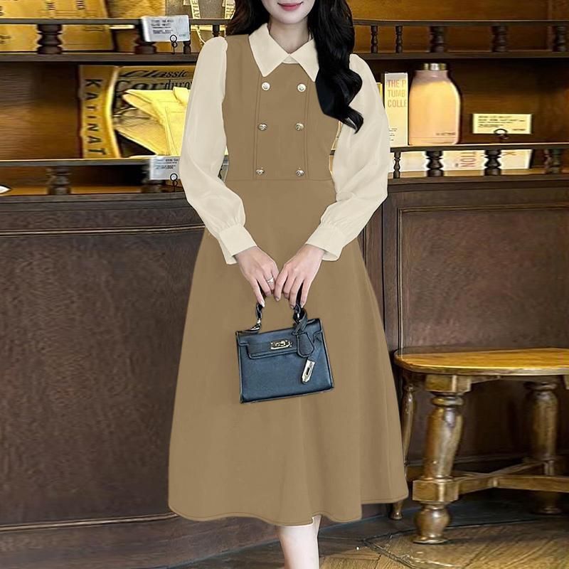 ZANZEA Women Turn Down Collar Casual Long Sleeve Patchwork Dress