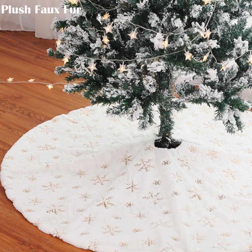 White Faux Fur Christmas Tree Skirt with Sequin Snowflakes
