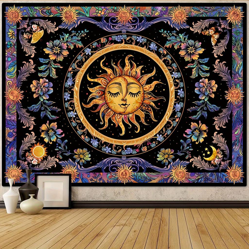 1pc Bohemian Psychedelic Sun and Moon Tapestry Wall Hanging - Polyester Fabric for Living Room Bedroom Decoration