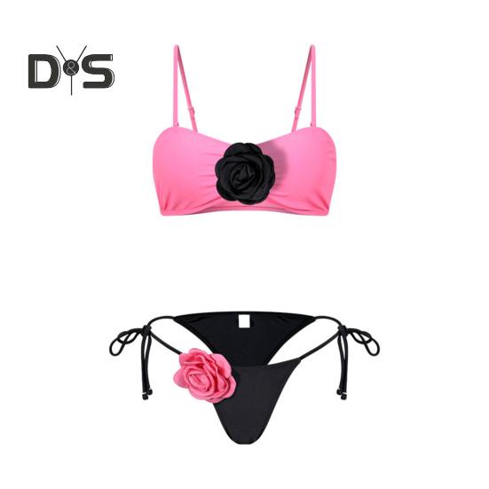 2Pcs/Set Women Bikini Set Sling Flower Decor Bra Lace-Up Briefs Set Three-Dimensional Flowers Adjustable Shoulder Straps Swimsuit