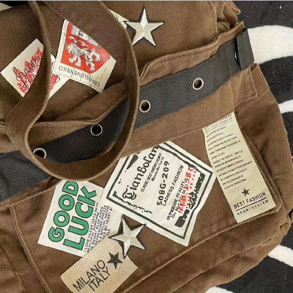 Retro Star Patch Crossbody Bag for Women - Adjustable Strap Foldable Tote with Zipper Closure, for Shopping & Travel for Women & College Students