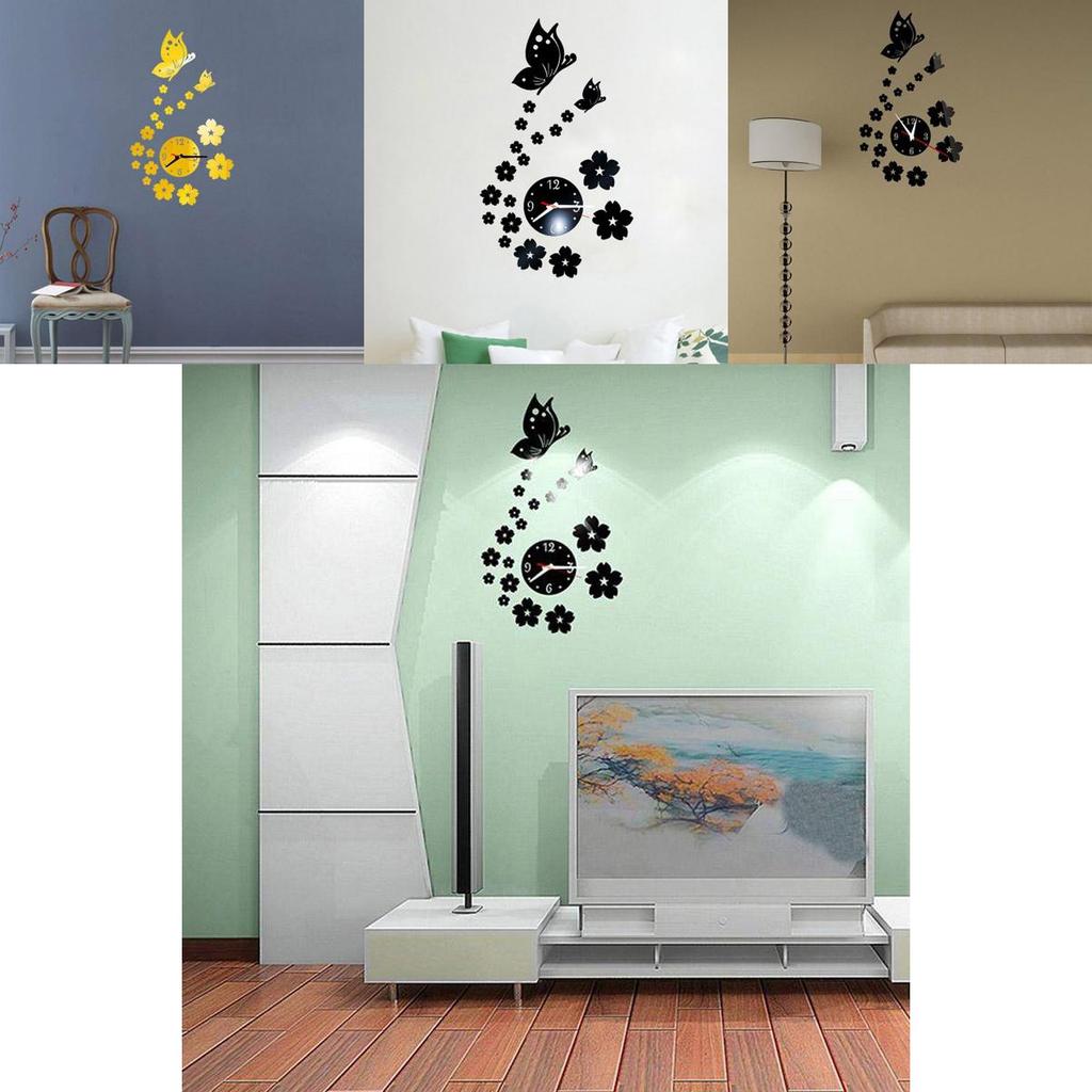 Premium 3D Lustrzany Zegar Ścienny Naklejka Motyl Kwiat z Odpinanym Wzorem