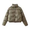 Womens Winter Short Puffer Coat Slim Fit Long Sleeve Solid Color Stand Collar Cotton Padded Jacket Office Casual Wear