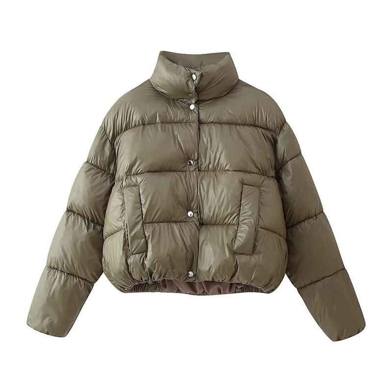 Womens Short Puffer Coat With Button Streetwear Winter Jacket Regular Fit Solid Color
