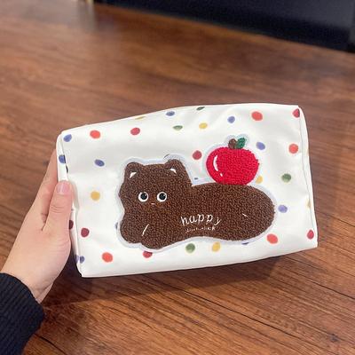 Cute Kitten Apple Cat Polka Dot Makeup Bag Sweet Trendy Cosmetic Bag Large Capacity Travel Portable Storage Bag Pencil Case Gift
