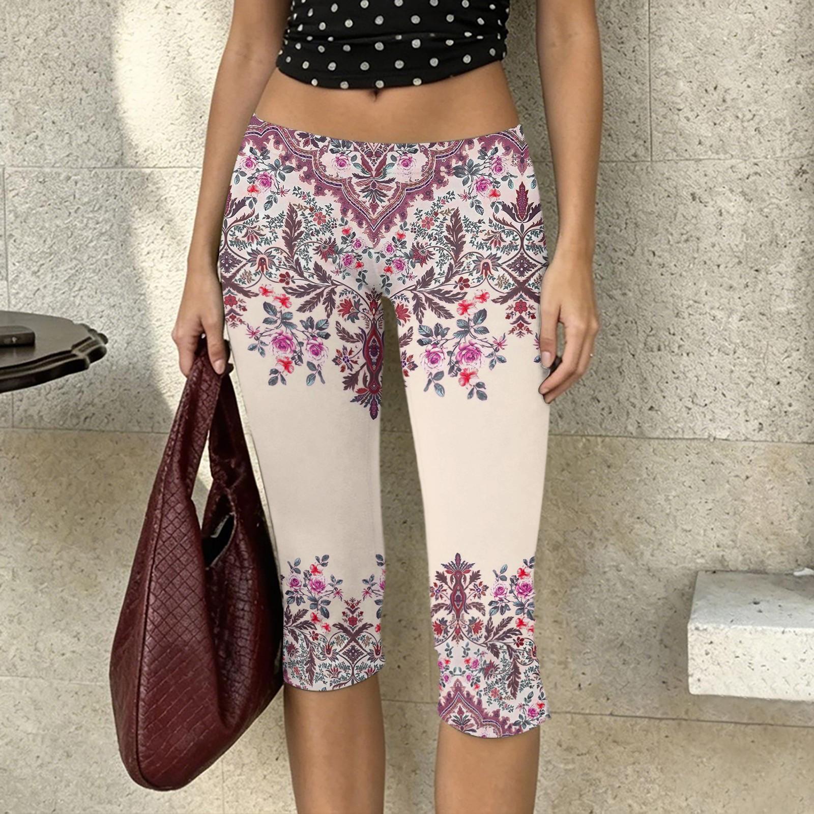 

Women s Floral Print Capri Pants Soft Stretchy Milk Silk Fabric Casual Elastic Waistband Lightweight Breathable Leggings XXL