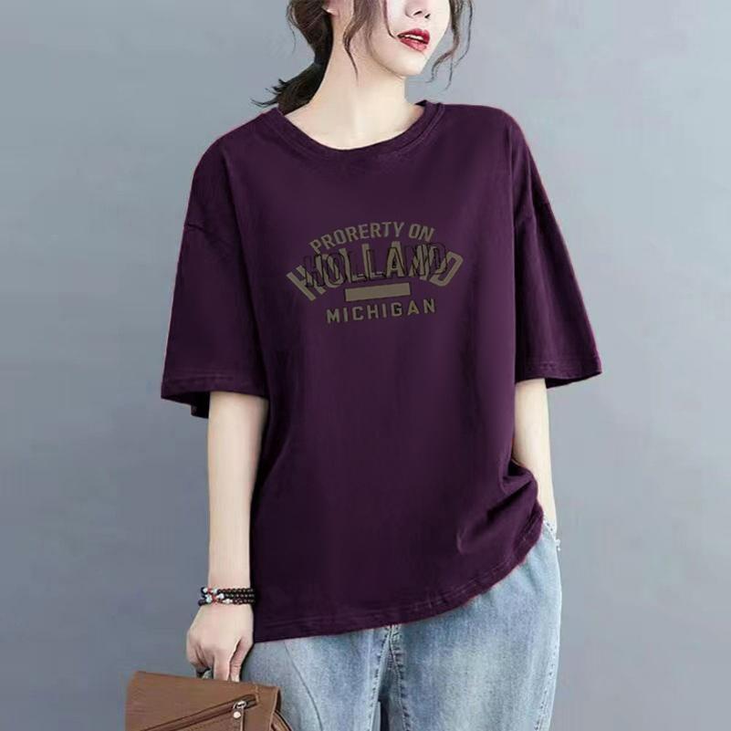 

Summer Loose Large Size Cotton Short-sleeved Women s T-shirt All-match Western Style Printed T-shirt Top Trend 3XL темно-фіолетовий колір