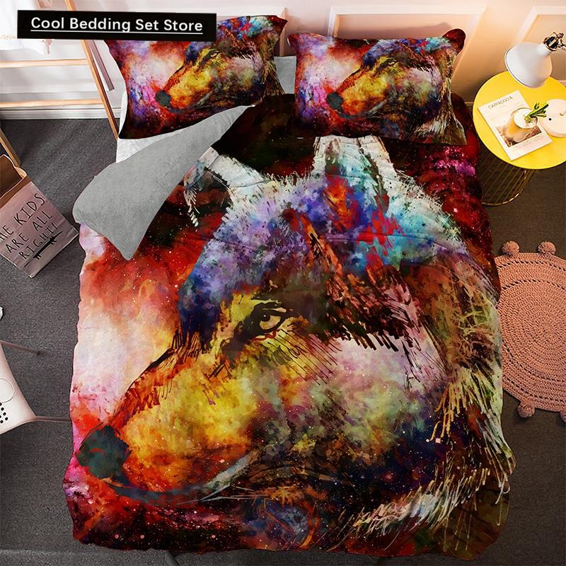Bettwäscheset mit Weißwolf-Muster Tier Bettbezug Queen King Full Size Bettwäscheset Herren Weiche Polyester Bettdeckenbezug Schwarz Grau