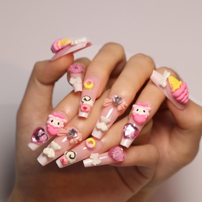 Sweet Cartoon Pink Nail Art Ice Cream Cone Wearable Three-dimensional Bow Plate Heart-shaped Sparkling Diamond Fake