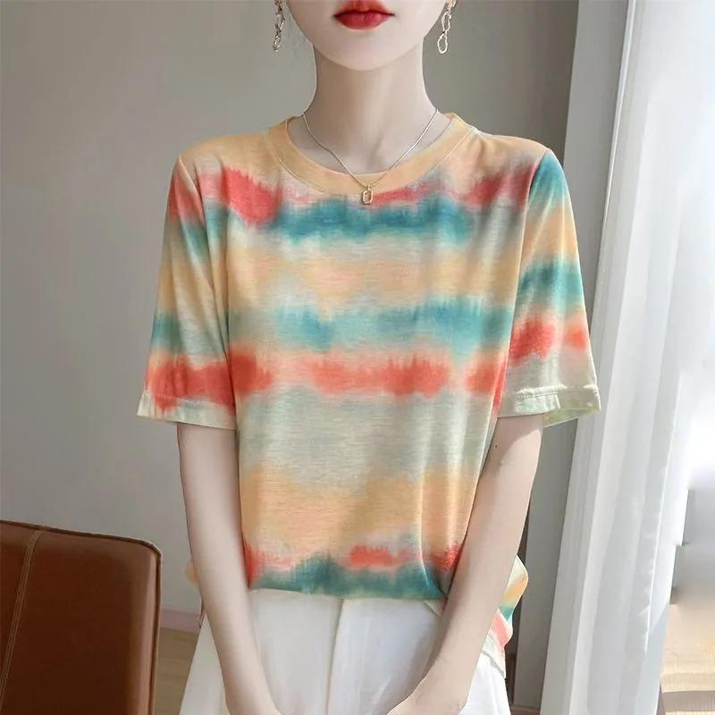 Women Beige and Pink Butterfly Print Short Sleeve T-Shirt