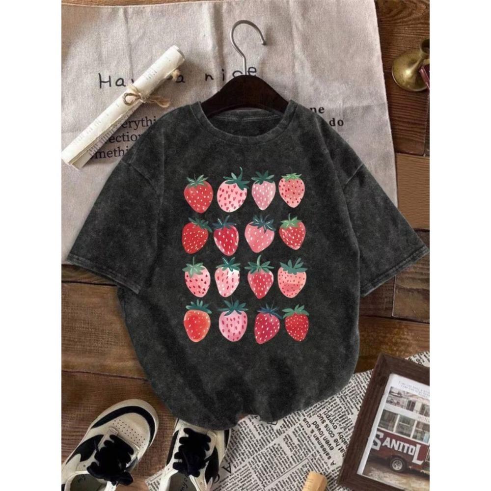 Cute Watercolor Strawberry Print T-Shirt Oversized Y2K Casual Crew Neck Fruit Graphic Short Sleeve