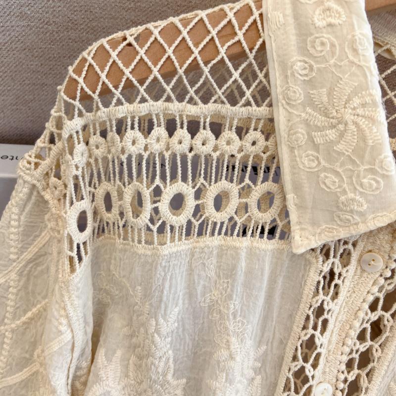 Dimanaf 2025 Nouveau Été Chemise à Boutons Femmes Blouse en Dentelle Broderie Manches Courtes Hauts T-shirts Mode Décontracté Ample