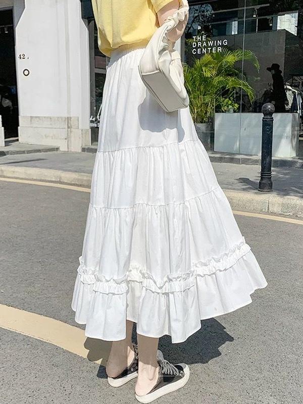 Spring 2025 Sweet Korean High Waist White Lace Midi A-line Skirt