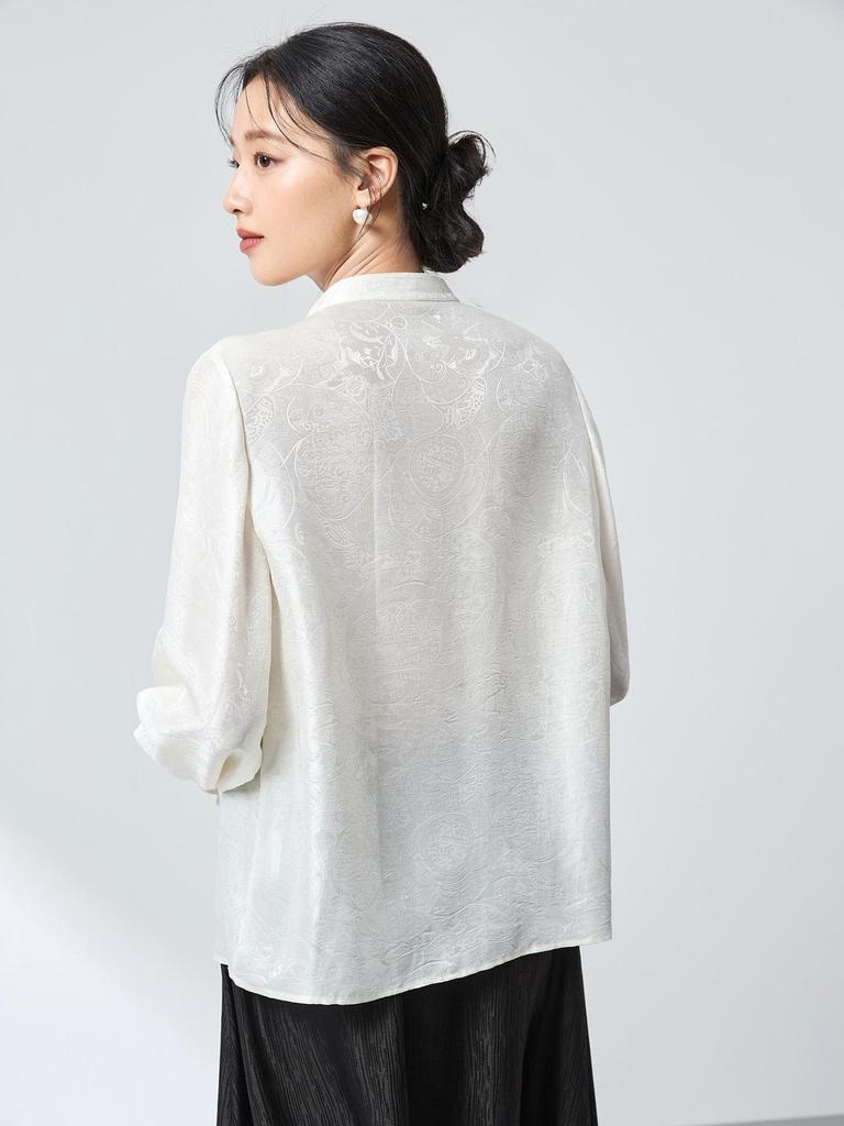 2026 Spring Mulberry Silk Satin Stand Collar Jacquard Shirt - Elegant Ink Wash Style