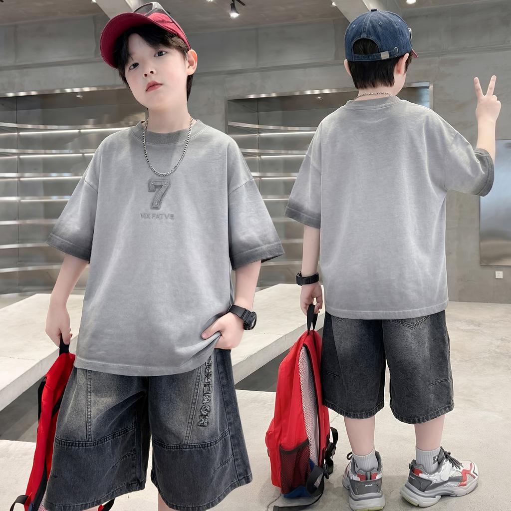 Teen Boys Set for Child Elegant T-shirts + Denim Shorts 2PCS Clothes Set Summer Kids Clothing Set