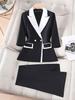 Women's Elegant White Suit Set: Color Block Jacket & Flare Pants