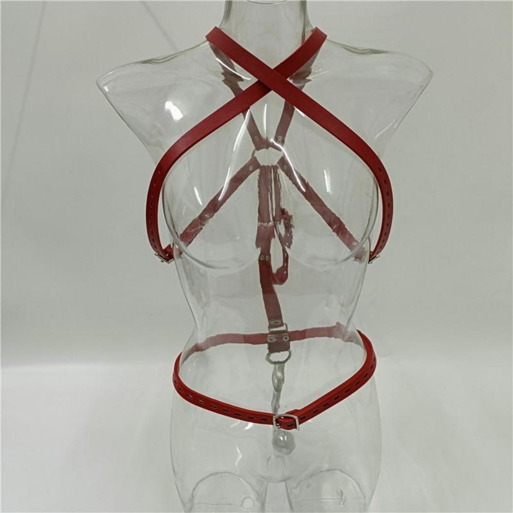 Female Bondage Harness Body Adjustable Leather Belt with Plug Hook Restraints Metal Butt Plug Sex Toy Body Harness