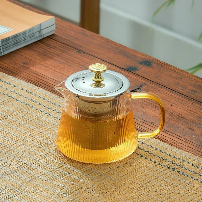 GIANXl Vertical Grain Teapot Transparent High Borosilicate Glass Tea Pot Set Heat Resistant Flower Tea Puer Tea Cold Kettle