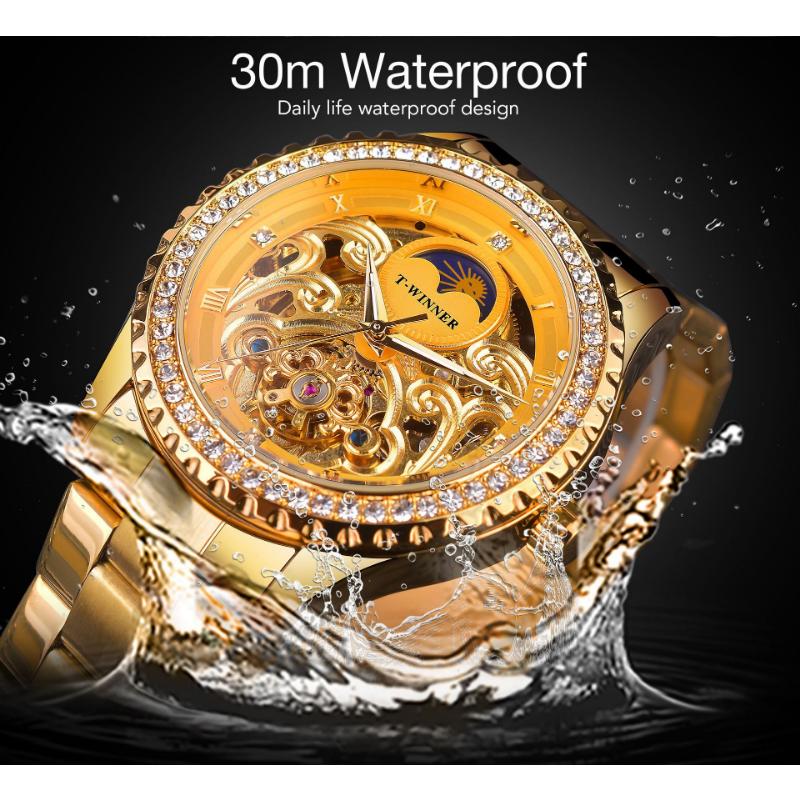 WINNER Men's Fashion Hollow Out Vintage Rhinestone Watch Automatic Mechanical Watch
