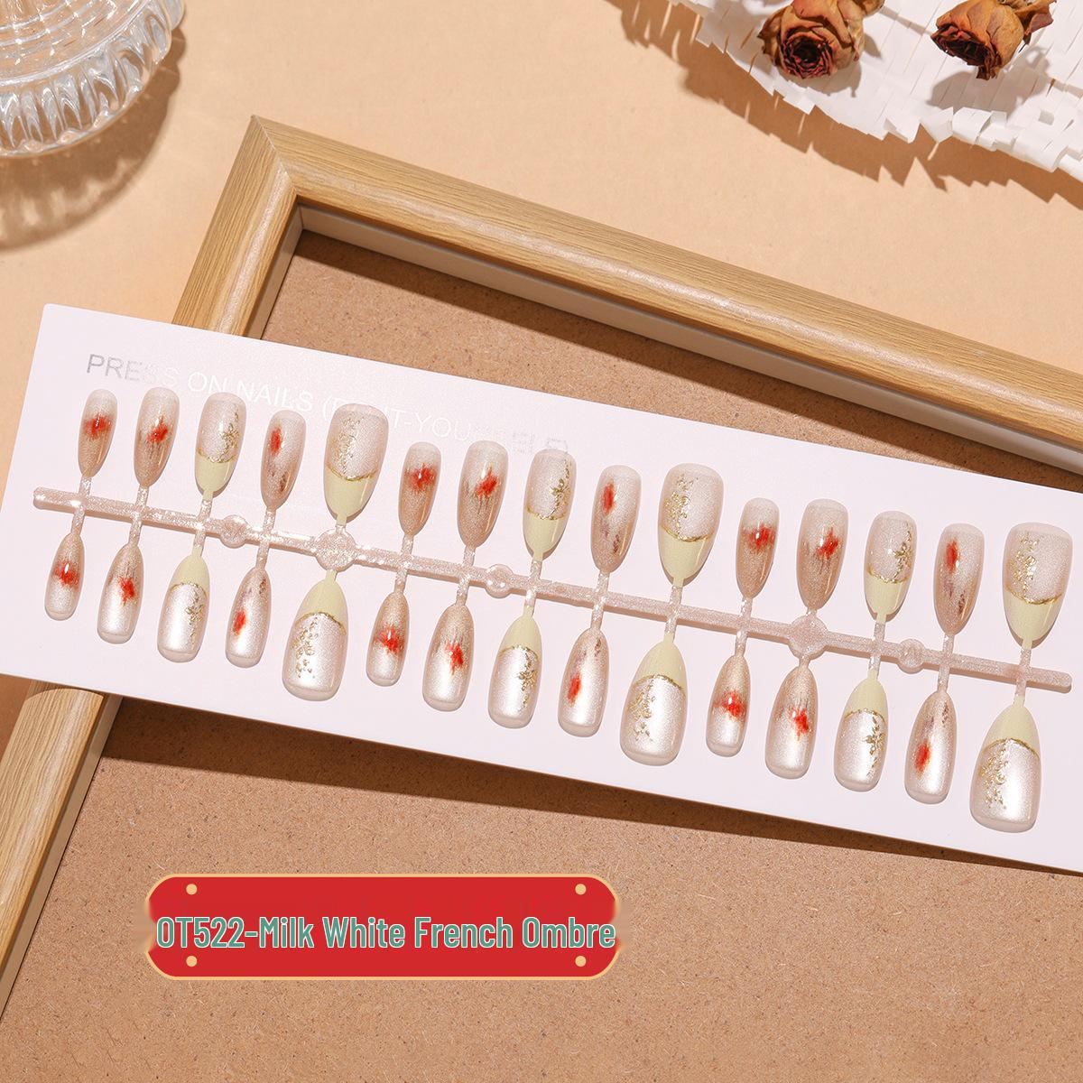 

T522 Французский Омбре Миндаль Кошачий Глаз Накладные Ногти - Молочно-Белый Цветочный Дизайн, 30 Готовых Штук Full Set M