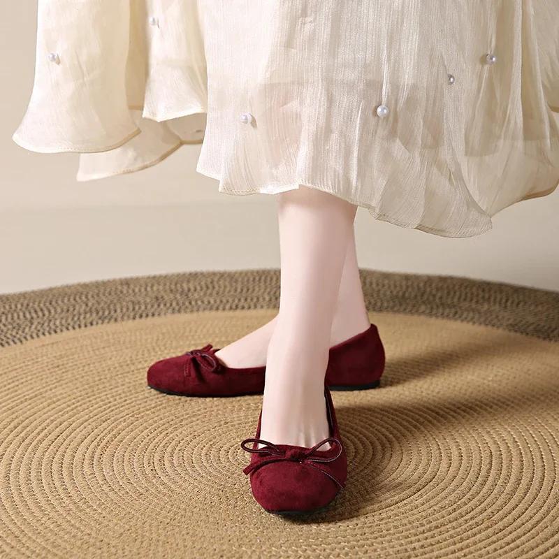 Übergröße 43 Damen Slipper Wildleder Runde Zehenpartie Süße Schleife Slip-on Ballerinas Elegante Damen Schlanke Ballerinas Flache Schuhe