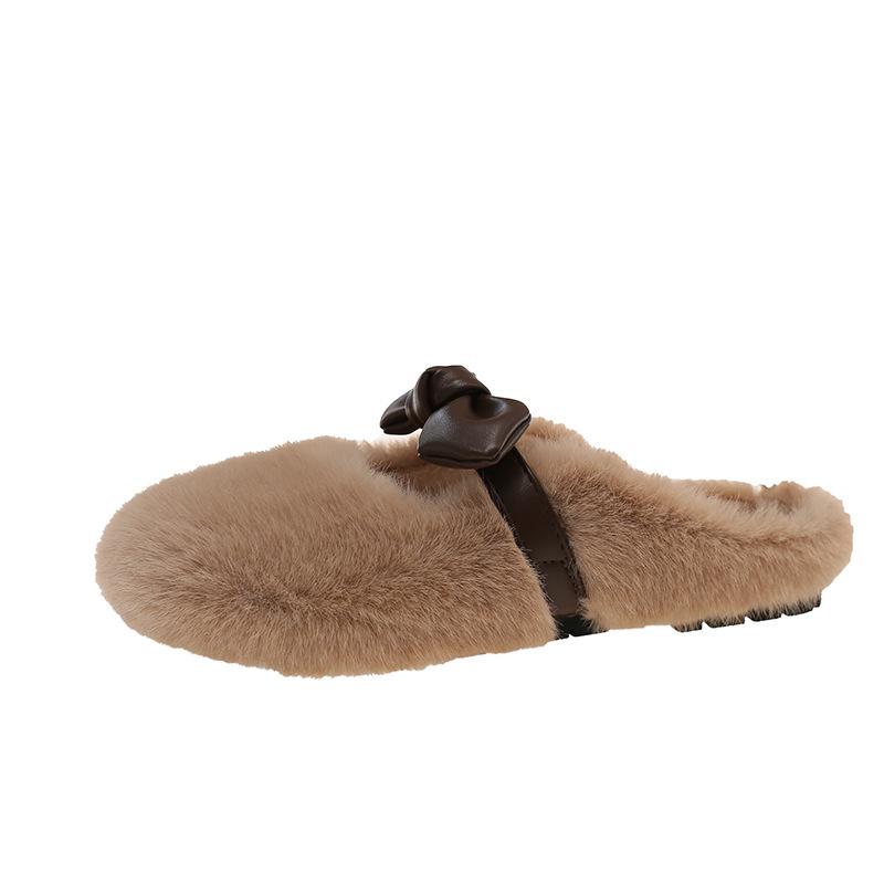 Schleife Flachboden Samt Thermische Baumwollschuhe für Damen Winter 2025 neu Ein-Pedal Flachboden Mode Flauschige Baumwollpantoffeln
