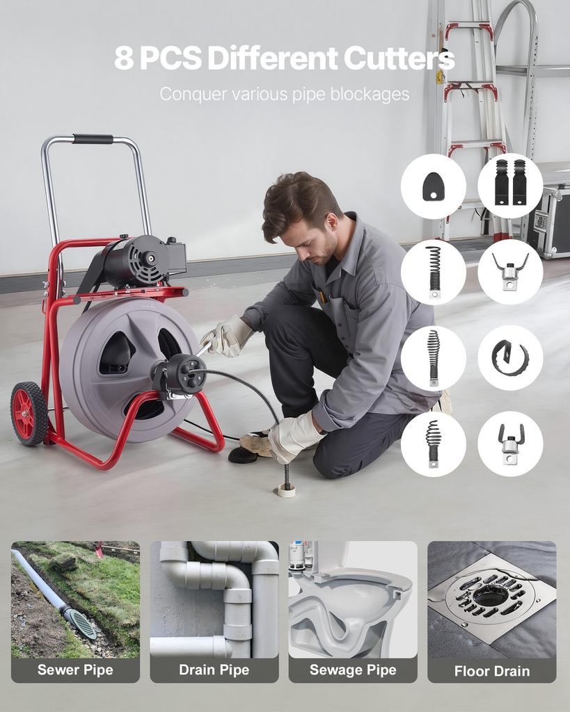 VEVOR Drain Cleaner Machine 30m x 13mm, Auto Feed Sewer Snake Drain Auger on Wheels