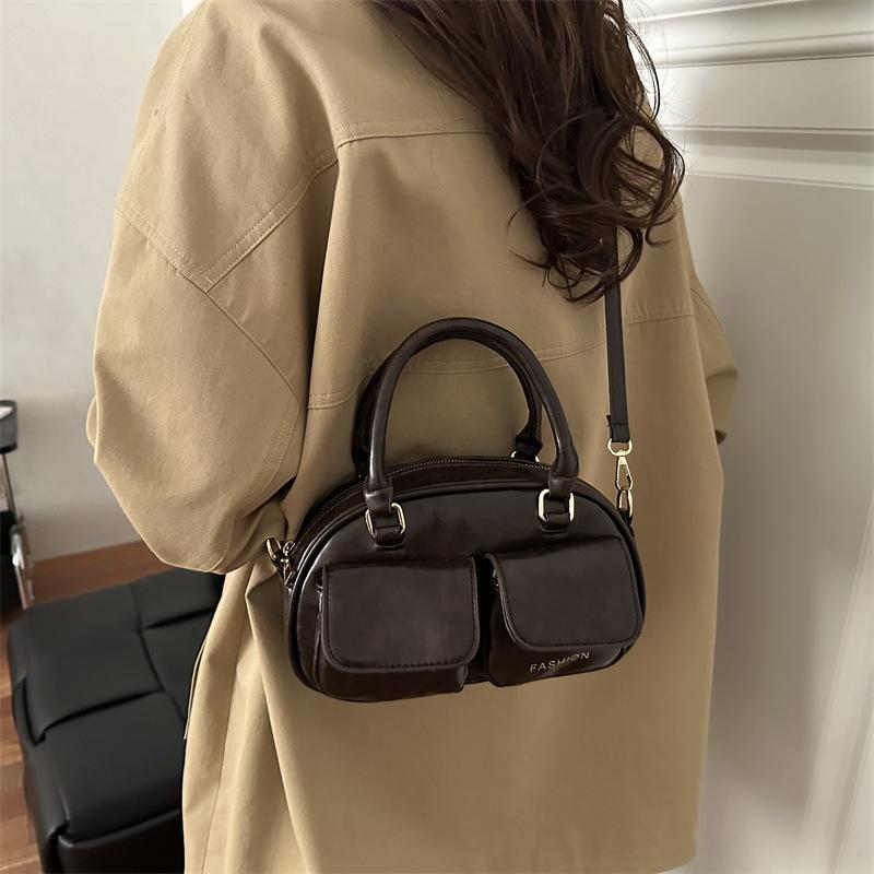 Autumn Retro Double Pocket Design Shoulder Bowling Bags for Women Solid Color Ladies Crossbody Bag Simple Female Pu Handbags