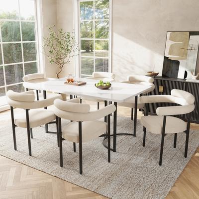 Ensemble Table et Chaises de Salle à Manger, Pieds de Table Design en Métal, Comprenant 6 Fauteuils Creux en Tissu Velours Couleur Crème, Convient aux Restaurants