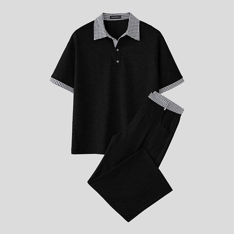 INCERUN Two Pieces Men Lapel Neck Short Sleeve Plaid T-Shirt Long Straight Pants Sets Outfits