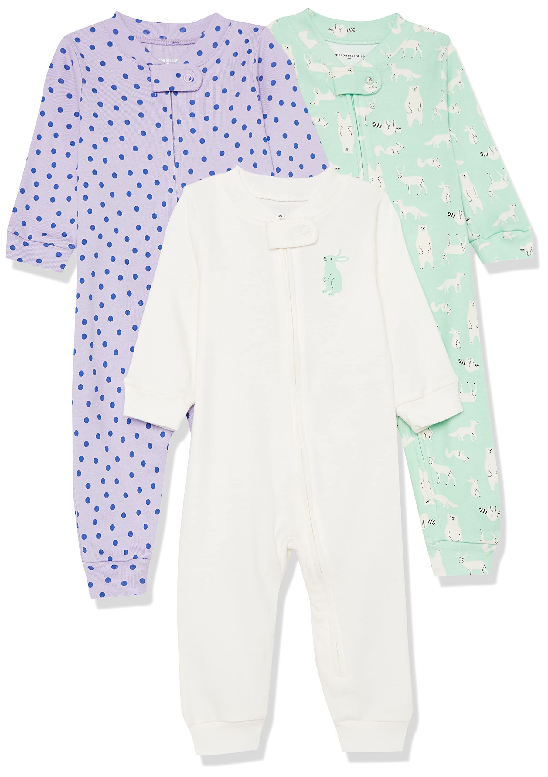 

Amazon Essentials 3-Pack Footless Cotton Pajamas, Snug Fit, for Toddlers and Kids, Polka Dots, Bunny, Multicolor, and Forest Animals, Size 90