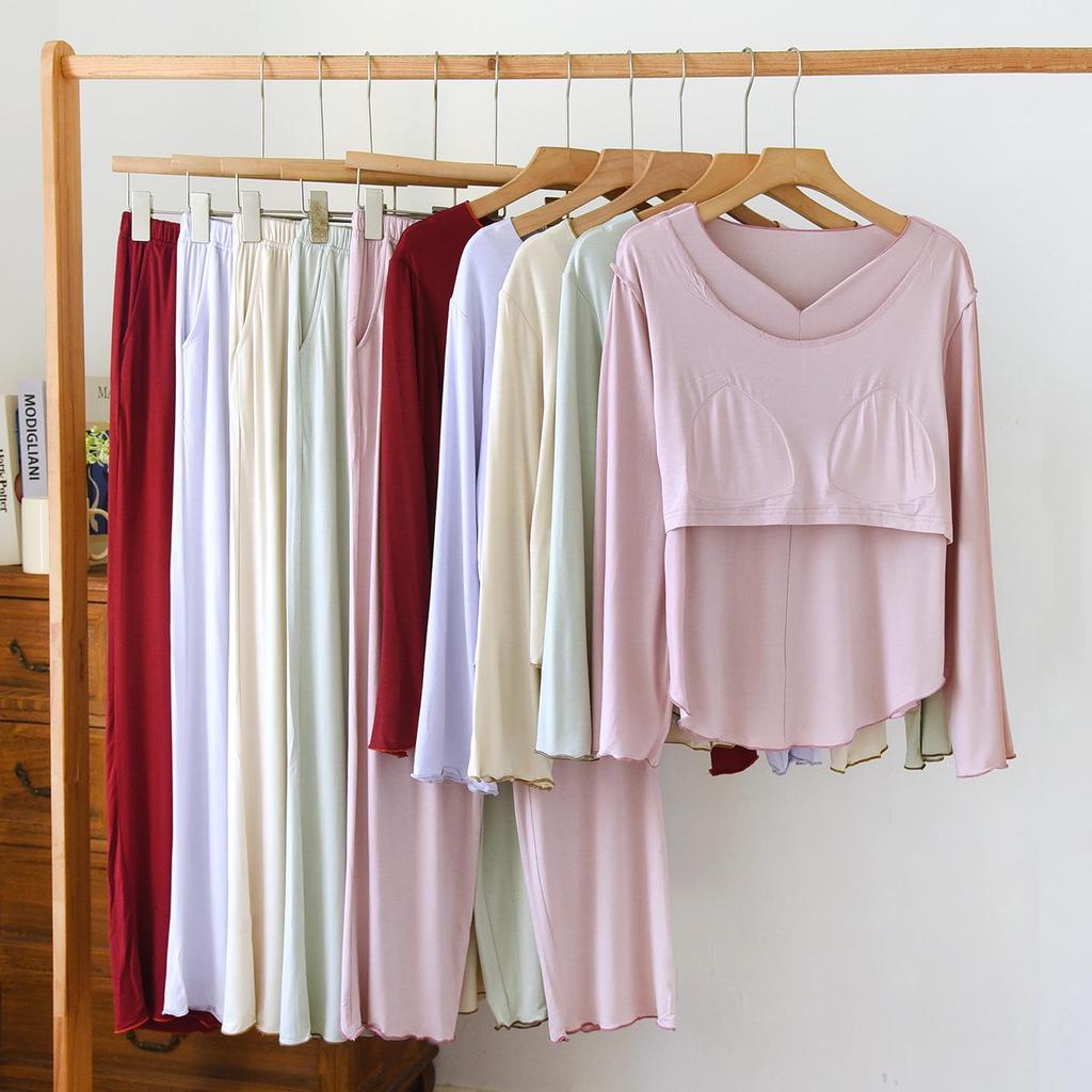 Women's Spring/Autumn Modal Pajama Set: Padded Cup, Long Sleeve, Long Pants, Side Pocket, Loose Fit - Wear Indoors or Out.