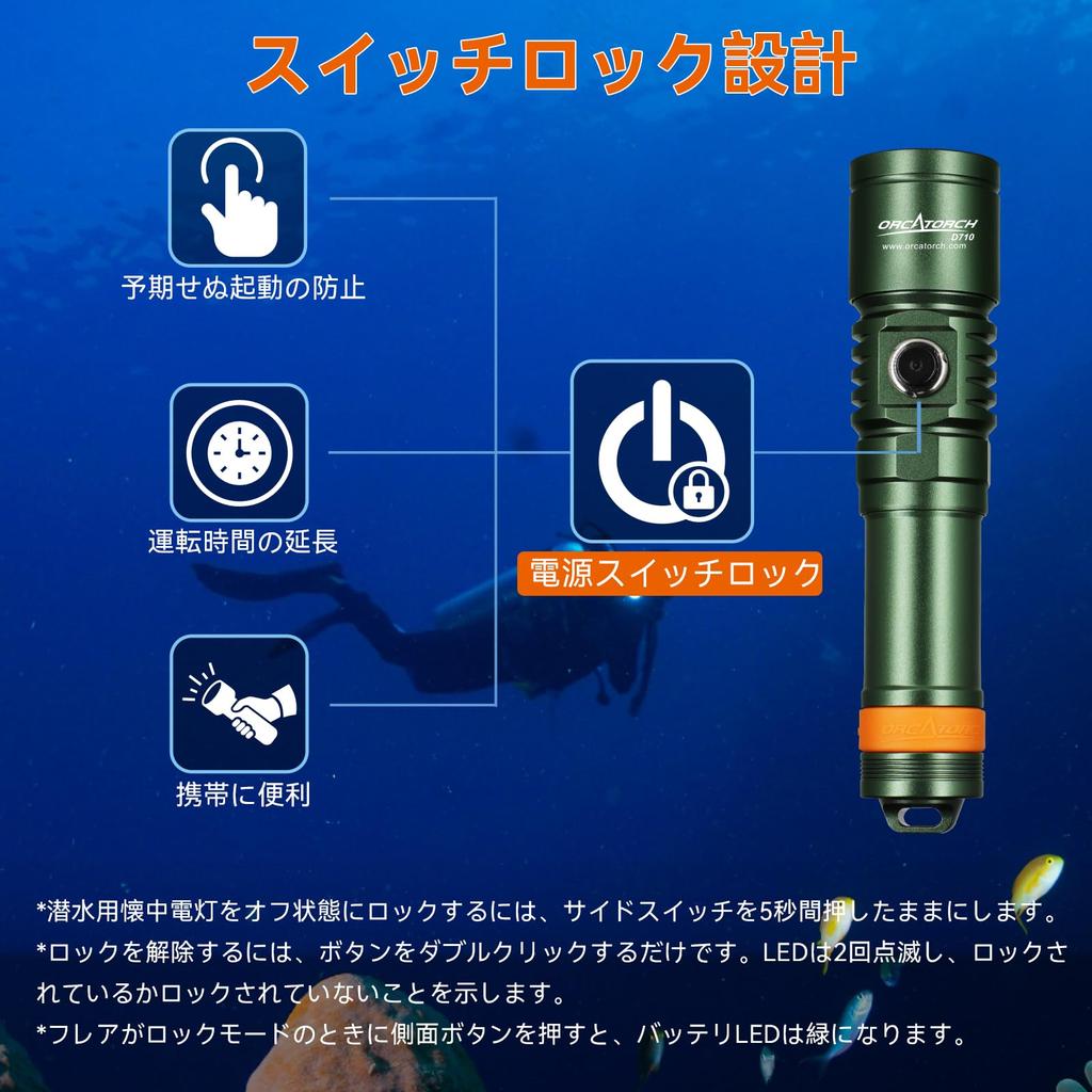 ORCATORCH D710 Diving Light, 3000 Lumens, 6 Degree Narrow Beam, IP68 Waterproof, 150 Meter Scuba Diving Flashlight (Green)