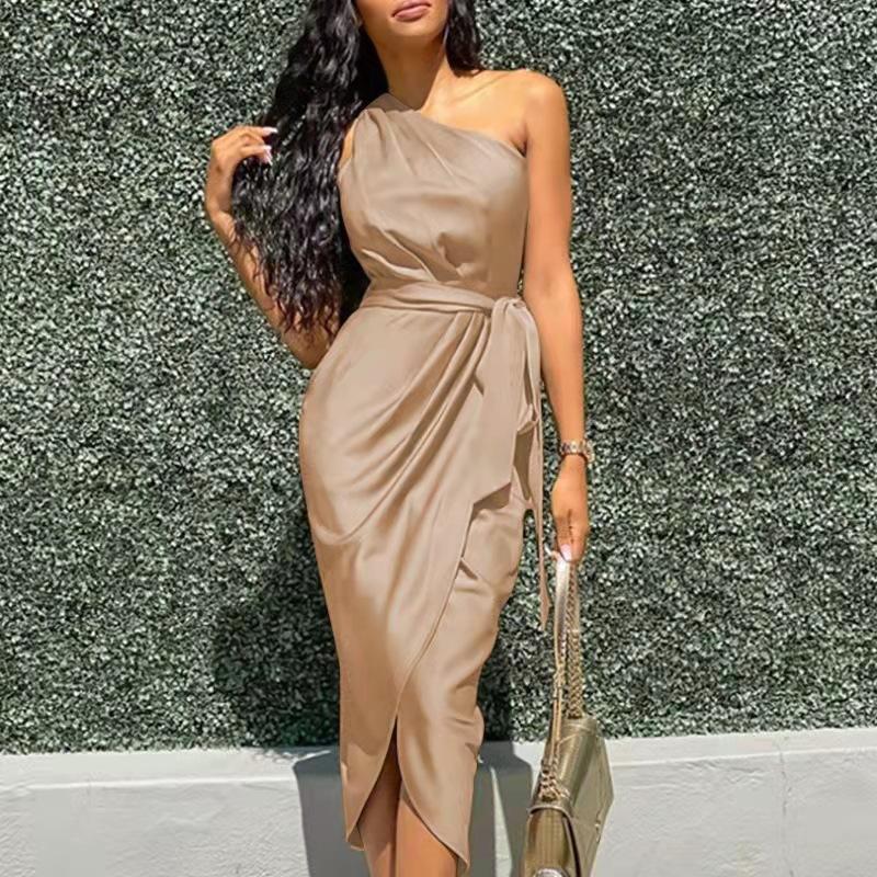 Women's Midi Dress, Asymmetrical One-Shoulder Belted Satin Bodycon