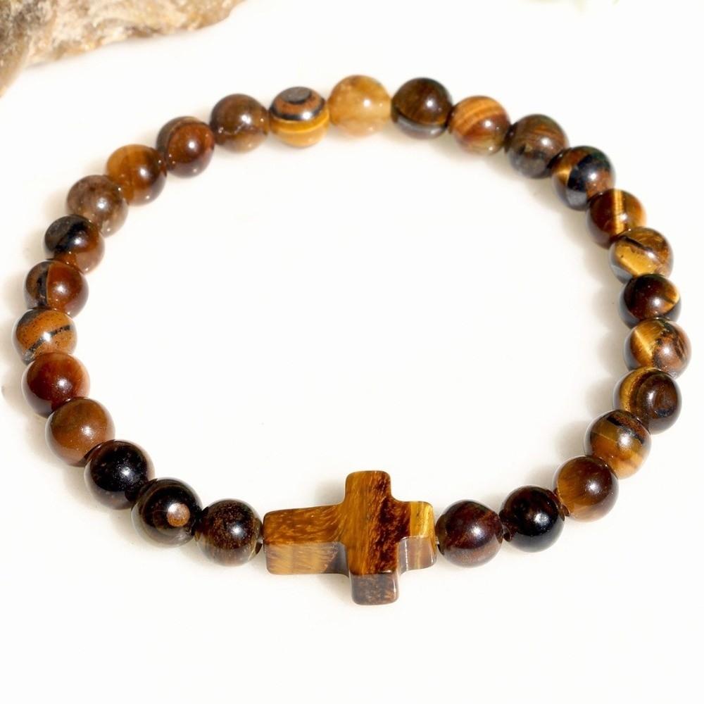 Tiger Eye Beads Cross Bracelet Spiritual Rosary Bracelet Prayer Beaded Bracelet Meditation