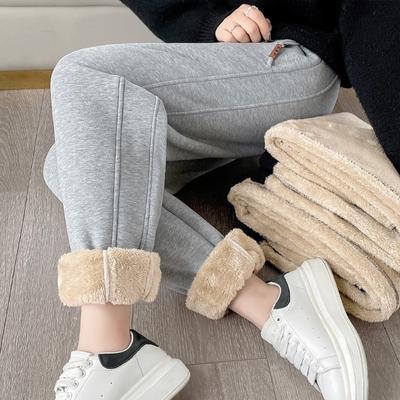 Women's Winter Sports Pants with Added Fleece Thickened Lamb Wool Tied Feet Worn As Casual High Waisted Warm Pants Spliced with Haren Pants
