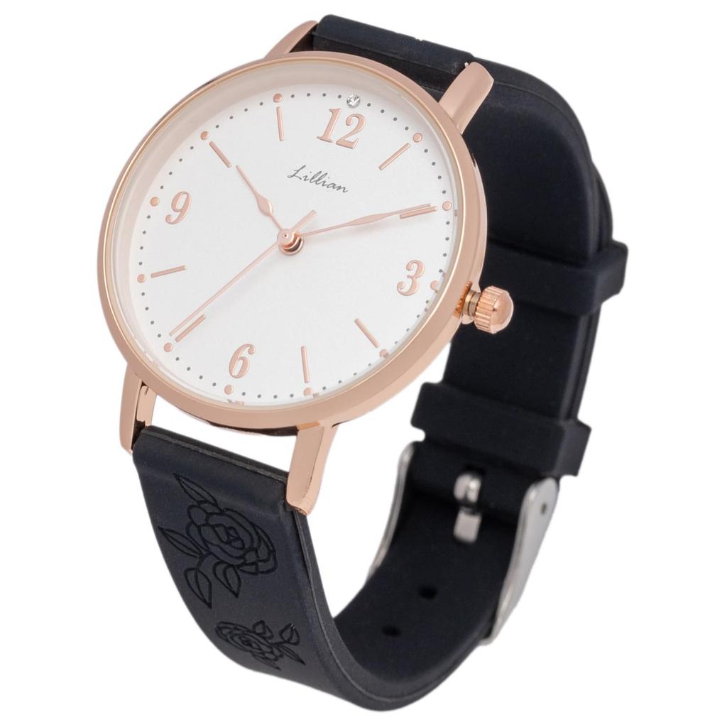 Fieldwork Analog Watch with Silicone Flower Embossed Rose Women's Strap, Pattern, Black, JN043-5