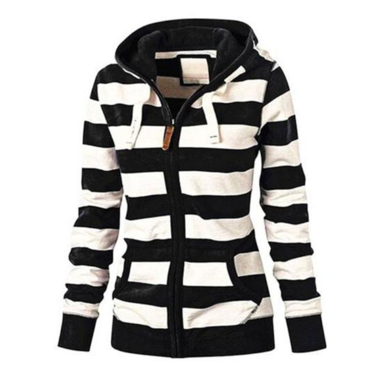 Winter Fashion Women Hoodie Coat Striped Print Long Sleeves Drawstring Pockets Zipper Closure Sweatshirt Jacket Autumn Winter