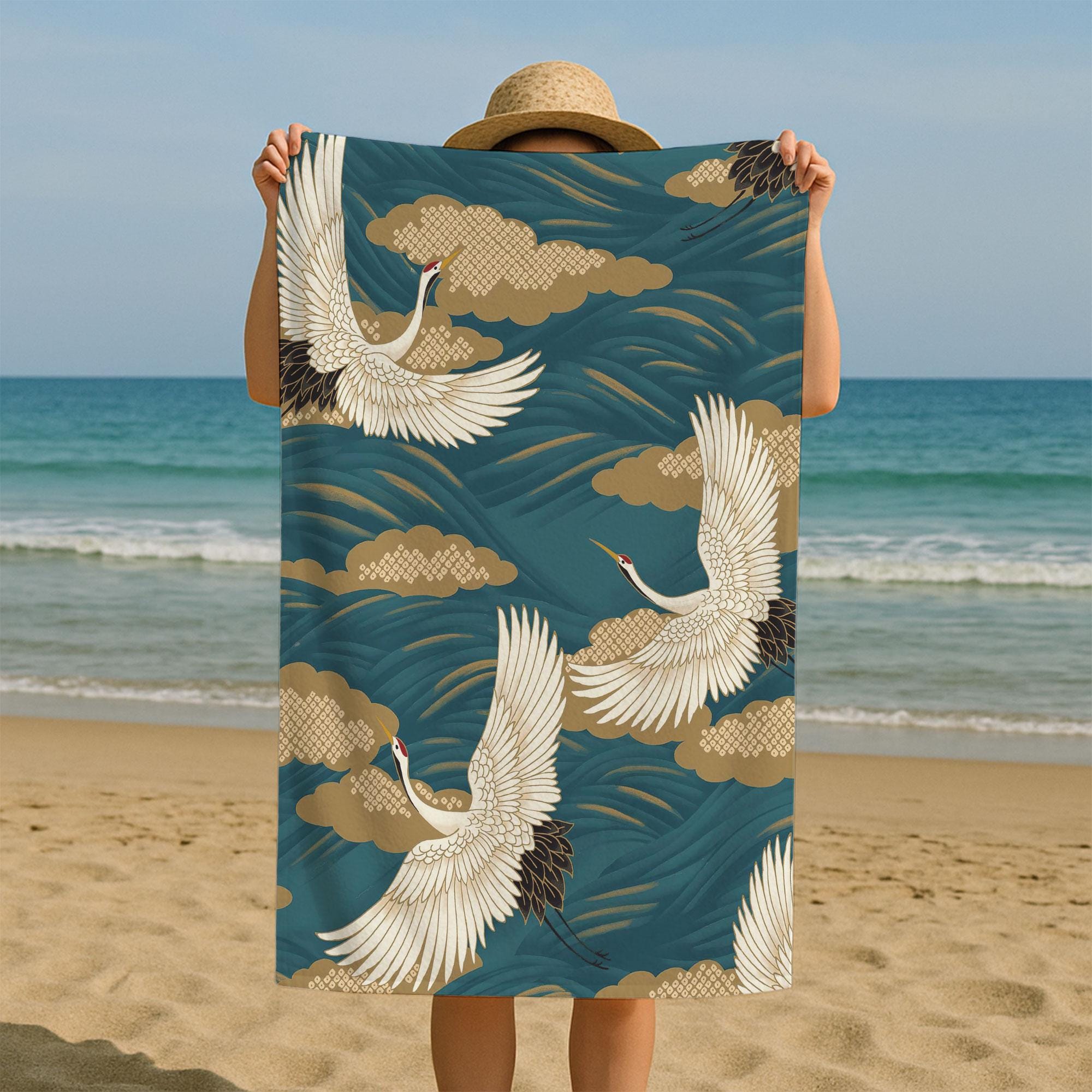 

Japanese Art Crane Birds Printed Beach Towel, Turkish Cotton Towel, Ideal Gift for Bird Lovers & Bridal Showers W30*H60(CM)