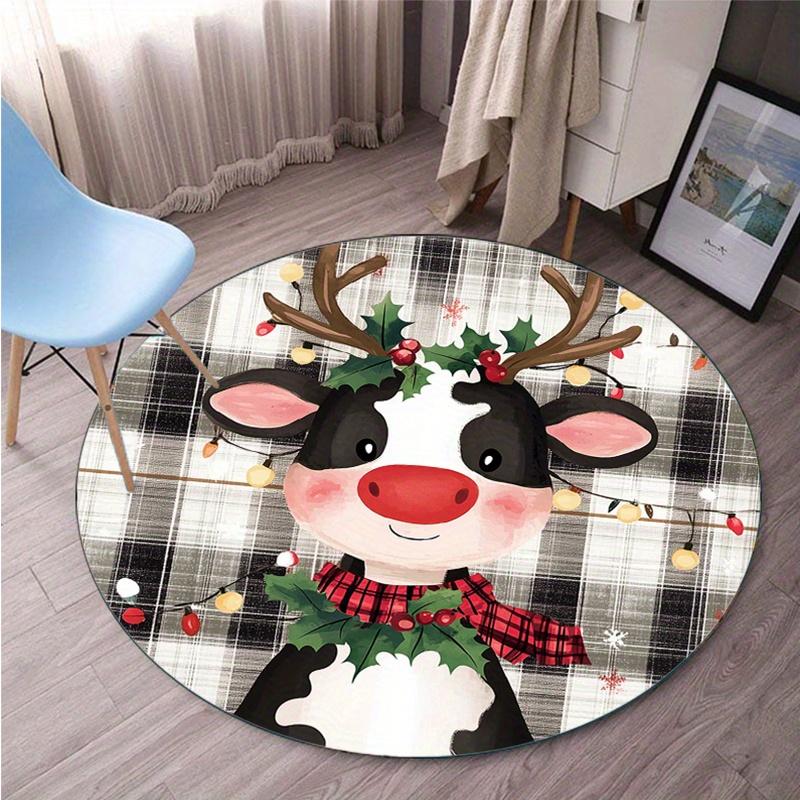 Christmas Cow Reindeer Plaid Round Rug Holiday Festival Decor Festive Lights Red Scarf Floor Mat Xmas Gift crystal fleece 60cm x 60cm