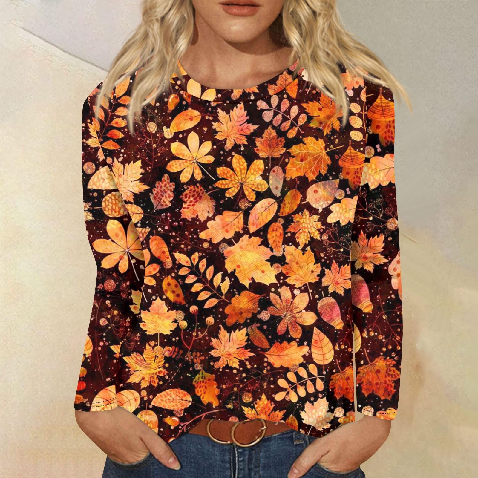 

Жіночий модний повсякденний вільний топ з круглим вирізом і принтом на День подяки з довгим рукавом M коричневий