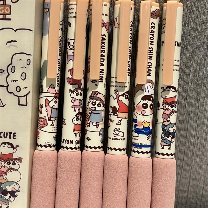 6Pcs Kawaii Crayon Shin-Chan Gel Pen Quick-Drying Black Ink Writing Smooth Soft Grip Pen Cute Student Stationery Office Supplies