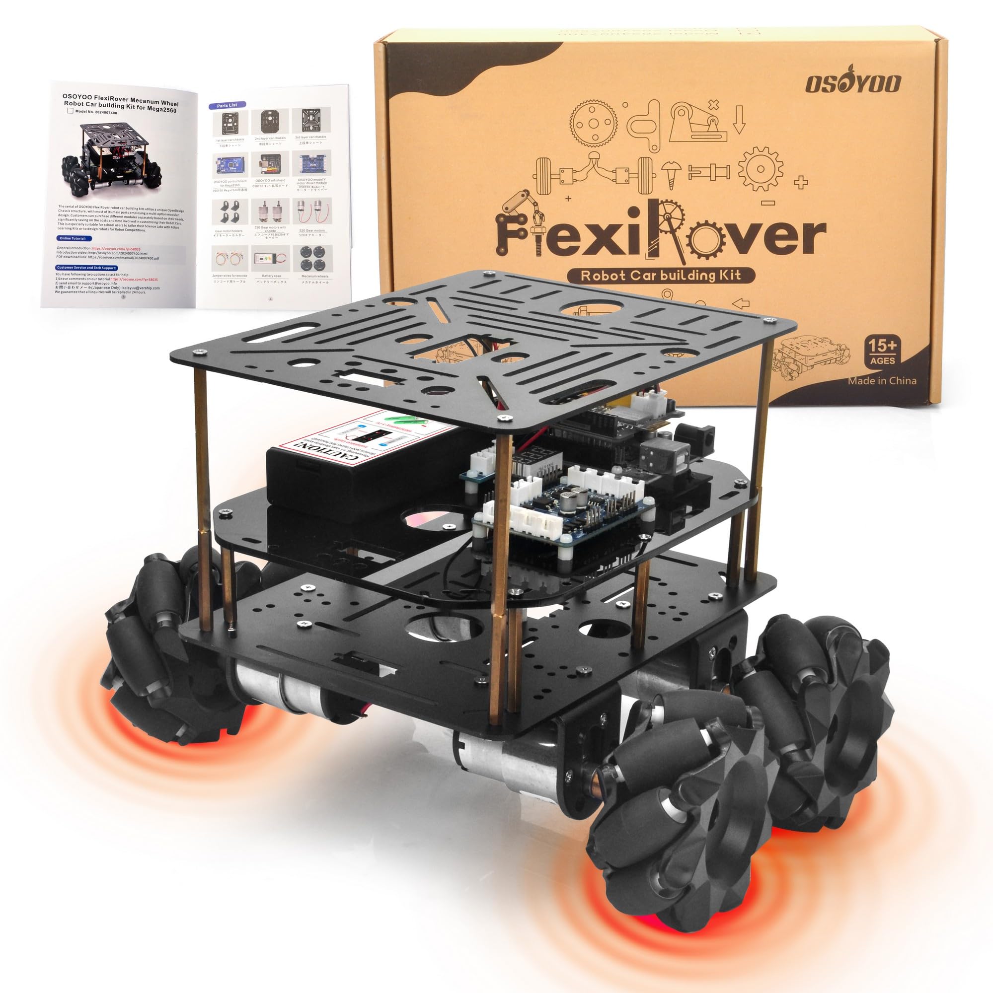 

OSOYOO Набор робота-автомобиля FlexiRover для Arduino Mega2560 с платой расширения WiFi, двигатели 520 Mecanum 4WD, настраиваемое шасси для продвинутой робототехники – чёрный