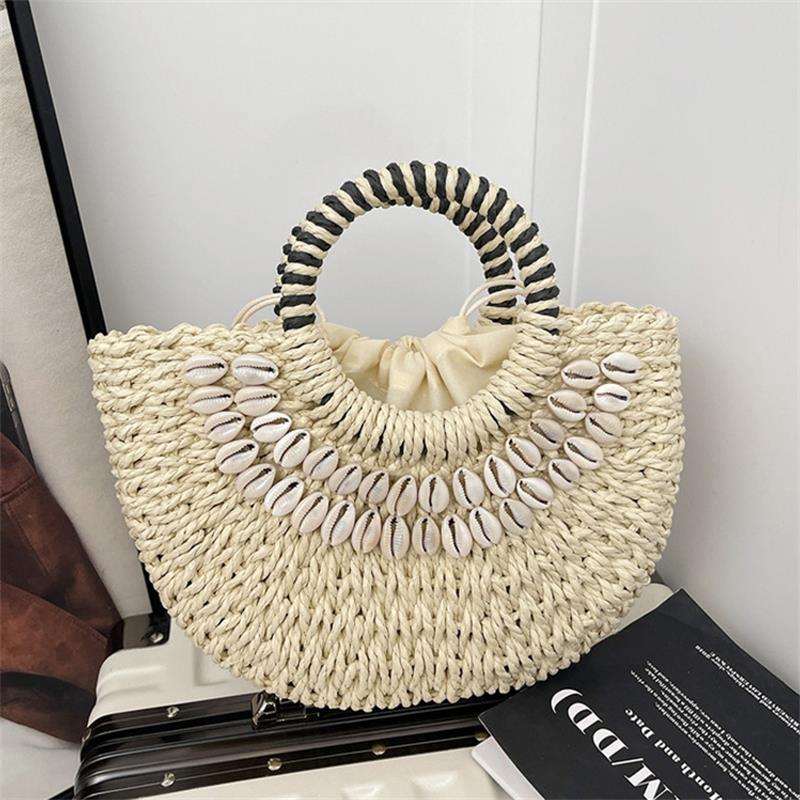 

Half-circle Handmade Straw Bag Women New Summer Woven Bags Seashell Decorations Beach Vacation Handbag Bohemian Style Purse белый