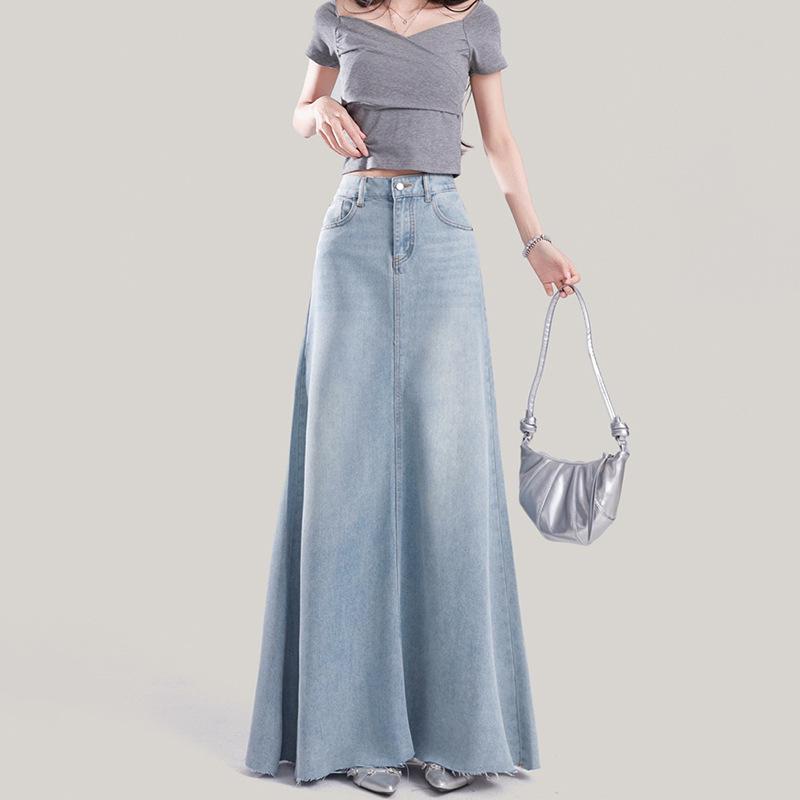 Design Sense Frayed Hem Korean Style High Waist Denim Maxi Skirt for Women